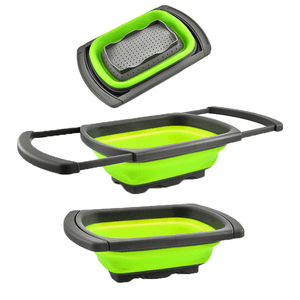 Folding Fruit Veggies Collapsible Silicone Storage Basket Over The Sink Drain Colander Strainers With Extendable Handles